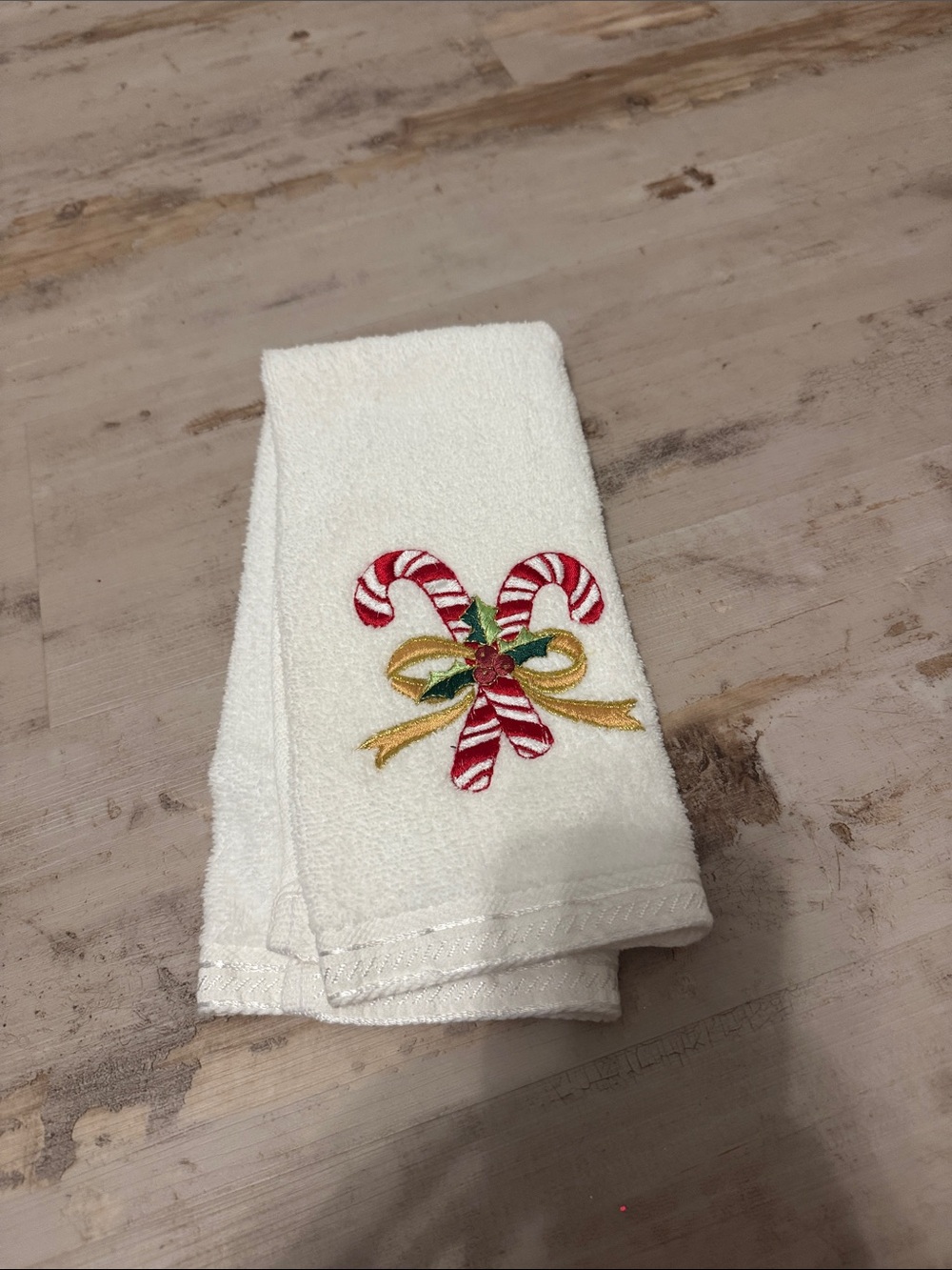 White Holiday Candy Cane Embroidered Hand Towel -